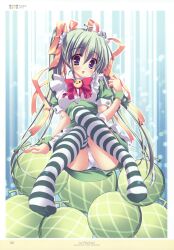  absurdres blue_eyes bow female food fruit green_hair green_thighhighs hair_ribbon highres hinamatsuri_touko knees_together_feet_apart maid mascot melon melon-chan melonbooks panties ribbon solo striped_clothes striped_thighhighs thighhighs twintails underwear white_panties yellow_bow 