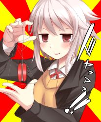  bad_id bad_pixiv_id blush doyagao female highres jacket jitome meme original red_eyes school_uniform short_hair smirk smug solo string_play_spider_baby_(meme) sunburst sunburst_background sweater white_hair yamane_akira yo-yo 