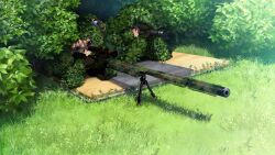  1boy bush camouflage female fumio_(ura_fmo) game_cg ghillie_suit glasses grass green_theme grisaia_(series) grisaia_no_kajitsu gun hiding highres irisu_makina outdoors rifle sniper_rifle sniper_team sniping sunglasses weapon 