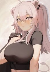  absurdres ahoge animal_ears black_nails black_shirt breast_strap breasts closed_mouth commentary_request crop_top ear_piercing eyelashes female fingernails grey_eyes grey_hair hair_between_eyes hand_up highres holding holding_unworn_clothes hololive katsu_(katsuslider) large_breasts long_fingernails long_hair looking_at_viewer looking_to_the_side piercing sharp_fingernails shirt shishiro_botan short_sleeves sidelocks sideways_glance solo tight_clothes tight_shirt underbust upper_body virtual_youtuber white_eyes 