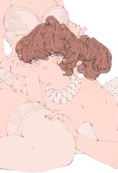  2girls absurdres armpit_crease bare_shoulders bra breasts cheek_press cleavage closed_mouth collar earrings elliemaplefox eyelashes frilled_collar frills hair_between_eyes half-closed_eyes hand_on_another's_head hand_on_another's_thigh hand_on_own_cheek hand_on_own_face highres jewelry lace-trimmed_bra lace-trimmed_panties lace-trimmed_thighhighs lace_trim large_breasts leotard lips looking_at_viewer lying medium_hair multicolored_nails multiple_girls nail_polish nose on_stomach orange_hair original panties pink_nails ponytail simple_background sitting skirt stud_earrings thighhighs underwear upper_body wariza white_background white_bra white_collar white_eyes white_leotard white_nails white_panties white_skirt white_thighhighs 