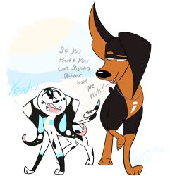  101_dalmatian_street 101_dalmatians black_body black_fur black_nose black_spots blue_spots brown_body brown_fur brown_inner_ear brown_paws canid canine canis dalmatian dew_(windinzie) disney dobermann domestic_dog fan_character fang_necklace female feral floppy_ears freckled_face freckles fur half-closed_eyes leg_markings male mammal markings narrowed_eyes pinscher pointy_ears prick_ears socks_(marking) spike_(101_dalmatians) spots spotted_body spotted_fur white_body white_fur windinzie 