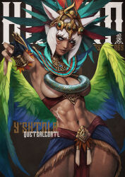  abs absurdres animal_ears arm_up aztec aztec_clothes aztec_mythology bangle black_background black_choker black_gloves bracelet breasts bright_pupils choker cleavage commentary crown english_commentary eyelashes eyeshadow facial_mark feather_hair_ornament feathers female final_fantasy final_fantasy_xiv fox_ears gloves hair_ornament hat hat_feather high_collar highres jewelry lips loincloth looking_at_viewer low_wings makeup marking_on_cheek mascara monori_rogue muscular muscular_female nail_polish navel no_pupils open_hands outstretched_arm partially_fingerless_gloves personification quetzalcoatl_(mythology) short_hair simple_background solo tattoo thighs topless_female tribal tribal_tattoo underboob white_eyes white_hair white_pupils wings y'shtola_rhul 