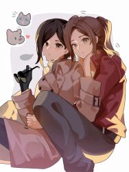  2girls absurdres ada_wong arms_around_another's_waist black_gloves black_hair brown_coat brown_eyes brown_hair canine claire_redfield coat commentary feet_out_of_frame feline gloves grey_pants hand_on_another's_chin haobuguniao heart highres holding holding_removed_eyewear interlocked_fingers jacket long_hair multiple_girls own_hands_clasped own_hands_together pants parted_bangs ponytail print_scarf red_jacket resident_evil resident_evil_2 resident_evil_2_(remake) scarf sitting sunglasses trench_coat unworn_eyewear yuri 