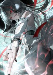  armlet ass_cutout bare_shoulders black_nails bracelet china_dress chinese_clothes closed_mouth clothing_cutout commentary dress droopy_ears female fluffy_tail grey_hair highres jewelry long_hair looking_at_viewer metal_bracelet red_eyes silver_armlet silver_bracelet solo tail tail_through_clothes team.achv untranslatable_commentary white_dress white_tail ye_shunguang ye_shunguang_(enlightened_state) zenless_zone_zero 