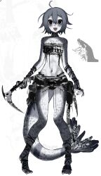  absurdres animal bags_under_eyes barefoot belt black_eyes black_skin chest_sarashi claws colored_skin empty_eyes english_commentary female freckles full_body grey_hair highres ice_axe leopard_seal looking_at_viewer monster_girl orcayne original personification pigeon-toed reference_inset sarashi seal_(animal) seal_girl seal_tail sharp_teeth short_hair skirt solo standing teeth tiptoes tool_belt white_background white_skin 