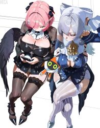  2girls bangboo_(zenless_zone_zero) black_bow black_dress black_garter_straps black_shrug black_thighhighs black_wings blue_dress bow breasts chest_belt cleavage_cutout clothing_cutout commentary crossed_legs dress eous_(zenless_zone_zero) garter_straps grey_hair hairbow heca_(pixiv_100376586) high_heels highres large_breasts long_hair medium_hair multiple_girls multiple_hair_bows pink_hair pointy_ears purple_eyes remielle_dan shrug_(clothing) thighhighs thighs velina_airgid very_long_hair white_thighhighs wings zenless_zone_zero 