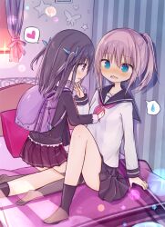  2girls @_@ age_difference amakaze_sora backpack bag bed black_hair black_sailor_collar black_skirt black_socks blue_eyes blush breasts commentary_request crime_prevention_buzzer curtains grey_thighhighs hair_between_eyes heart indoors knee_up kneeling long_hair multiple_girls neckerchief no_shoes nose_blush on_bed onee-loli original pillow pink_hair pink_neckerchief pleated_skirt ponytail purple_eyes purple_skirt randoseru sailor_collar school_uniform serafuku shirt skirt small_breasts socks spoken_heart spoken_sweatdrop star_(symbol) sunset sweatdrop thighhighs two_side_up white_shirt window yuri 