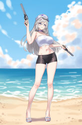  absurdres adapted_costume beach black_shorts breasts choker closed_mouth commentary_request dual_wielding female grey_eyes grey_hair gun hat highres holding holding_gun holding_weapon jiuyuan_(nte) jiuyuan_(self-discipline_time)_(nte) large_breasts long_hair looking_at_viewer navel neverness_to_everness outdoors purple_choker purple_eyes sand shirt shorts smile solo strapless tied_shirt tube_top water weapon white_hat white_tube_top xiaoxi0619 