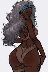  absurdres ass back bikini blush breasts dark-skinned_female dark_skin earrings female from_behind highres huge_ass jewelry long_hair looking_back marvel peter_chai revealing_clothes simple_background storm_(x-men) swimsuit very_long_hair white_background white_eyes white_hair x-men 