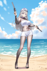 absurdres adapted_costume beach black_shorts breasts choker closed_mouth commentary_request dual_wielding female grey_eyes grey_hair gun hat highres holding holding_gun holding_weapon jiuyuan_(nte) jiuyuan_(self-discipline_time)_(nte) large_breasts long_hair looking_at_viewer navel neverness_to_everness official_alternate_costume outdoors purple_choker purple_eyes sand shirt shorts smile solo strapless tied_shirt tube_top water weapon white_hat white_tube_top xiaoxi0619 