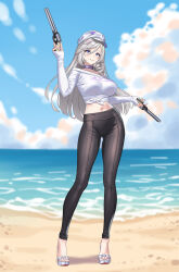  absurdres beach black_pants breasts choker closed_mouth commentary_request dual_wielding female grey_eyes grey_hair gun hat highres holding holding_gun holding_weapon jiuyuan_(nte) jiuyuan_(self-discipline_time)_(nte) large_breasts long_hair looking_at_viewer navel neverness_to_everness official_alternate_costume outdoors pants purple_choker purple_eyes sand shirt smile solo tied_shirt water weapon white_hat white_shirt xiaoxi0619 