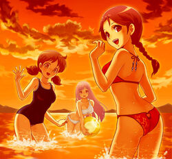  3girls ass athena_(saint_seiya) beach beach_ball bikini breasts female human long_hair looking_at_viewer miho_(saint_seiya) one-piece_swimsuit purple_hair saint_seiya saori_kido shounen_jump shunrei sunset swimsuit trio twintails water 