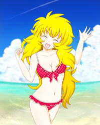  1girls beach bikini_bra bikini_top bra breasts female fringe_hair happy long_hair mariners mermaid_thetis navel open_mouth panties saint_seiya shounen_jump smile thighs 