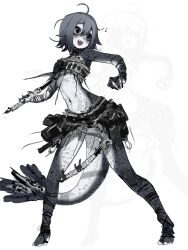  absurdres bags_under_eyes barefoot belt black_eyes black_skin chest_sarashi claws colored_skin empty_eyes english_commentary female fighting_stance freckles full_body grey_hair highres ice_axe looking_at_another monster_girl orcayne original sarashi seal_girl seal_tail sharp_teeth short_hair skirt solo standing swinging_weapon teeth tool_belt white_background white_skin zoom_layer 