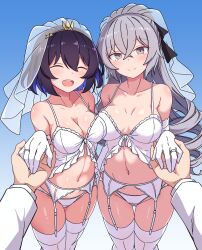  1boy 2girls absurdres black_hair blue_background blue_hair breasts bridal_veil bronya_zaychik bronya_zaychik_(silverwing:_n-ex) camisole captain_(honkai_impact) cleavage commentary commission curvy drill_hair elbow_gloves garter_belt garter_straps gloves grey_eyes grey_hair highres holding_hands honkai_(series) honkai_impact_3rd jewelry korra_down large_breasts lingerie long_hair looking_at_viewer multicolored_hair multiple_girls navel open_mouth panties pixiv_commission pov pov_hands ring seele_vollerei short_hair smile stomach straight thick_thighs thighhighs thighs two-tone_hair underwear veil very_long_hair wedding_ring white_camisole white_garter_belt white_garter_straps white_gloves white_panties white_thighhighs 
