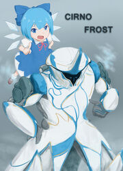  1boy blue_dress blue_eyes blue_hair bow character_name cirno commentary_request crossover dress female frost_(warframe) hairbow hand_on_own_hip highres horns ice ikastep photoshop_(medium) pointing pointing_at_self power_connection shoes single_horn socks touhou warframe wings 