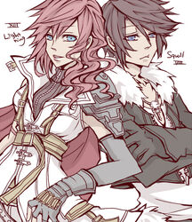  &eacute;clair_farron 1boy bad_id bad_pixiv_id blue_eyes brown_hair dissidia_012_final_fantasy dissidia_final_fantasy female final_fantasy final_fantasy_viii final_fantasy_xiii fingerless_gloves gloves keika long_hair pink_hair squall_leonhart 