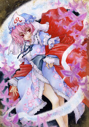  acrylic_paint_(medium) aoi_yuuka_(ao_no_kokoro) bug butterfly colored_pencil_(medium) commentary_request female ghost hat hitodama japanese_clothes kimono konpaku_youmu_(ghost) legs light_smile painting_(medium) pink_eyes pink_hair saigyouji_yuyuko shawl solo touhou traditional_media triangular_headpiece watercolor_(medium) 