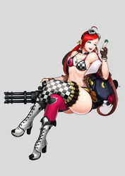  ah-lyong_lee ahoge alternate_costume alternate_eye_color alternate_hair_color alternate_hairstyle asymmetrical_legwear bad_drawcrowd_id bad_id bandolier bangle bikini bikini_top_only boots bracelet breasts bullet checkered choker commentary cross-laced_footwear crossed_legs dice drawcrowd_sample female full_body gatling_gun gloves goggles goggles_on_head green_eyes grey_background gun hair_ribbon highres image_sample invisible_chair jacket jewelry jinx_(league_of_legends) lace-up_boots league_of_legends lips low_twintails minigun mismatched_legwear necklace off_shoulder open_clothes open_jacket partially_fingerless_gloves poker_chip ribbon short_sleeves sitting small_breasts smile solo swimsuit thighhighs thighs twintails unmoving_pattern weapon 