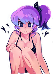  bikini blue_eyes breasts bright_pupils cleavage djmax djmax_portable female heart ladymade_star medium_breasts polka_dot polka_dot_bikini purple_hair sehra_klatt sho-n-d side_ponytail smile solo squatting swimsuit 