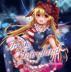  adapted_costume album_cover american_flag_dress american_flag_legwear asaya-bigun blonde_hair clownpiece cover dress fairy_wings female frilled_shirt_collar frills hat highres jester_cap long_hair looking_at_viewer neck_ruff open_mouth outstretched_arm pantyhose petticoat polka_dot red_eyes solo star_(symbol) striped_clothes striped_dress striped_pantyhose teeth touhou wings 