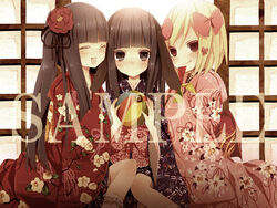  3girls bad_id bad_pixiv_id ball beachball blonde_hair blue_hair blush bow closed_eyes dress flower folding_fan frederica_bernkastel furudo_erika hair_flower hair_ornament hair_ribbon hairbow hand_fan japanese_clothes kimono lambdadelta long_hair multiple_girls open_mouth purple_eyes purple_hair red_eyes ribbon ringo_komachi sample_watermark short_hair sitting smile striped umineko_no_naku_koro_ni watermark window 