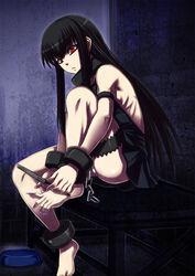  ankle_cuffs bare_shoulders barefoot black_hair bondage bondage bound captured chains claws collar commentary_request feet female hands_on_feet in_cell leg_lift long_hair long_toenails minarai nail_file nail_polish original panties pet prison purple_nails red_eyes shiniko sitting skinny solo thigh_strap toenail_polish toenails underwear wrist_cuffs 