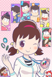  6+boys blue_lips blush brown_hair buck_teeth candy candy_bar character_request chibita chocoboo commentary_request cosplay dated endou_aya female food from_behind frown fushigi_symbol gouketsu_symbol gradient_background grin hat heart hikikoumori horns isamashi_symbol ittangomen ittangomen_(cosplay) iyami japanese_clothes jibanyan jibanyan_(cosplay) kodama_fumika kodama_fumika_(cosplay) kyuntarou kyuntarou_(cosplay) looking_at_viewer looking_back matsuno_choromatsu matsuno_ichimatsu matsuno_jyushimatsu matsuno_karamatsu matsuno_osomatsu matsuno_todomatsu meramelion meramelion_(cosplay) mochi-iri_kinchaku monster_boy multiple_boys nyororon_symbol one_eye_closed orochi_(youkai_watch) orochi_(youkai_watch)_(cosplay) osomatsu-kun osomatsu-san osomatsu_(series) pendant_watch pink_background polka_dot polka_dot_background pretty_symbol sextuplets sleeveless smile solo_focus teeth topless_male twitter_username upper_body usurakage_symbol voice_actor_connection watch whisper_(youkai_watch) whisper_(youkai_watch)_(cosplay) youkai_medal youkai_watch youkai_watch_(object) yowai_totoko 