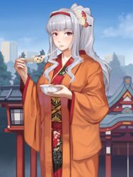  bad_id bad_pixiv_id blush bowl building chopsticks cloud commentary_request day eating female floral_print flower grey_hair hair_flower hair_ornament hairband highres holding idolmaster idolmaster_(classic) japanese_clothes kimono long_hair long_sleeves looking_at_viewer md5_mismatch mikado_(winters) outdoors parted_lips partial_commentary ponytail red_eyes shijou_takane shiruko_(food) shrine sky solo tree wide_sleeves 