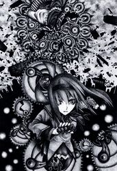  akemi_homura akemi_homura_(magical_girl) building chotto commentary_request explosive female gears grenade greyscale hairband highres mahou_shoujo_madoka_magica mahou_shoujo_madoka_magica_(anime) monochrome solo traditional_media walpurgisnacht_(madoka_magica) weapon 