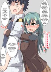  1boy admiral_(kantai_collection) aqua_hair blazer blush breast_press breasts female hair_ornament hairclip hard_translated hug hug_from_behind jacket kantai_collection large_breasts long_hair school_uniform senshiya skirt suzuya_(kantai_collection) translated tsundere 