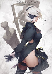  2b_(nier:automata) arm_at_side back_cutout black_blindfold black_dress black_footwear black_gloves black_hairband black_light black_ribbon black_thighhighs blindfold boots breasts character_name cleavage cleavage_cutout clothing_cutout commentary copyright_name covered_eyes cowboy_shot dress drone female floating from_side gloves hair_over_one_eye hairband highleg highleg_leotard highres juliet_sleeves legs_apart leotard lips long_sleeves machinery medium_breasts mole mole_under_mouth nier:automata nier_(series) nose parted_lips pod_(nier:automata) puffy_sleeves ribbon robot short_hair side_slit solo sword thigh_boots thighhighs turtleneck vambraces watermark weapon weapon_behind_back web_address white_hair white_leotard 