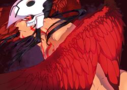  1boy abirama_redder absurdres arrancar black_hair bleach commentary_request feathered_wings highres long_hair male_focus mask natsu_kaze nude solo tattoo wings yellow_eyes 