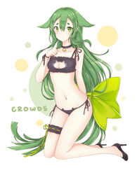  bad_id bad_pixiv_id bell bikini black_bra black_panties bra breasts cat_cutout cat_ear_panties cat_lingerie cleavage cleavage_cutout clothing_cutout commentary_request female gatchaman_crowds green_eyes green_hair high_heels highres jingle_bell long_hair lowleg lowleg_bikini medium_breasts meme_attire miya_utsutsu mo_(k40633) navel no_socks panties side-tie_panties solo swimsuit underwear underwear_only 