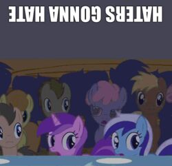  animated audience blue_eyes catwalk clothing dress equid equine female fluttershy_(mlp) flying friendship_is_magic group hair hasbro haters_gonna_hate horn horse image_macro long_hair low_res male mammal meme my_little_pony mythological_creature mythological_equine mythology open_mouth pegasus pink_hair pony short_hair text unicorn upside-down wings 