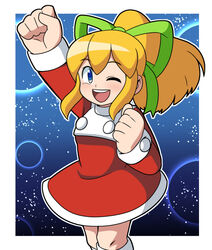  ;d adapted_costume arm_up blonde_hair blue_background blue_eyes blush christmas clenched_hands commentary_request dress female flat_chest green_ribbons hair_ribbon long_hair long_sleeves looking_at_viewer mega_man_(classic) mega_man_(series) mega_man_8 one_eye_closed open_mouth ponytail red_dress ribbon roll_(mega_man) santa_costume sidelocks smile solo standing teeth turtleneck turtleneck_dress yume_yoroi 