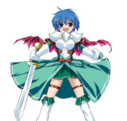  armor belt blue_eyes blue_hair boots cape commentary_request female gauntlets long_coat miniskirt oerba_yun_fang open_mouth phyllis_(sennen_sensou_aigis) sennen_sensou_aigis short_hair skirt solo suimii sword weapon white_background 