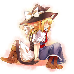  2girls alice_margatroid bad_link blonde_hair blush boots braid closed_eyes hairband hat holding_hands kiji_(manekinuko-tei) kirisame_marisa multiple_girls sitting touhou witch_hat yuri 