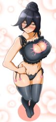  black_hair black_panties blue_eyes blush breasts cat_cutout cat_ear_panties cat_lingerie cleavage cleavage_cutout clothing_cutout commentary_request female fumitan_admoss glasses gundam gundam_tekketsu_no_orphans hair_bun highres huge_breasts long_hair meme_attire navel nenbuta panties side-tie_panties single_hair_bun solo thighhighs underwear 