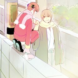  1boy brown_hair commentary_request female fist_bump from_behind gintama haori japanese_clothes kagura_(gintama) looking_at_another mitsu_yomogi mittens okita_sougo on_wall red_eyes scarf smile squatting winter_clothes 