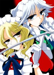  2girls blonde_hair blue_eyes braid commentary_request dress gloves izayoi_sakuya kieyza knife long_hair maid maid_headdress multiple_girls puffy_short_sleeves puffy_sleeves ribbon short_hair short_sleeves sword touhou touhou_(pc-98) twin_braids weapon white_gloves white_hair yellow_eyes yumeko_(touhou) 