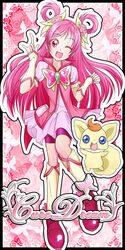  :d \m/ argyle_background bike_shorts black_border blue_eyes boots border brooch bug butterfly butterfly_brooch character_name coco_(yes!_precure_5) commentary_request creature cure_dream dress earrings female flower full_body hair_flower hair_ornament hair_ribbon hair_rings happy jewelry long_hair magical_girl mascot one_eye_closed open_mouth outside_border photoshop_(medium) pink_background pink_eyes pink_hair pink_shorts pink_theme precure ribbon shorts shorts_under_skirt smile solo_focus yes!_precure_5 yoshimune yumehara_nozomi 