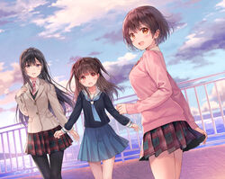  3girls :d black_hair black_legwear blue_necktie blue_skirt blue_sky blush breasts brown_eyes brown_hair buttons cardigan cloud commentary_request cowboy_shot day dutch_angle fence fukahire_(ruinon) grey_eyes hair_ornament hairclip jacket long_hair long_sleeves looking_at_viewer looking_back medium_breasts miniskirt multiple_girls necktie ocean open_mouth original outdoors pantyhose pink_cardigan plaid plaid_skirt pleated_skirt red_eyes round_teeth school_uniform serafuku short_hair siblings sisters skirt sky smile sorai_kanami sorai_mahiru_(fukahire) sorai_yuuka teeth two_side_up 