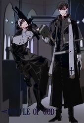  2boys bad_id bad_twitter_id black_hair blood blood_on_clothes blood_on_face book brothers cassock church cigarette crossdressing full_body gloves gun habit holding holding_book holding_gun holding_weapon indoors machine_gun male_focus matsuno_ichimatsu matsuno_karamatsu multiple_boys nun osomatsu-kun osomatsu-san osomatsu_(series) priest rata_to siblings smoking stole traditional_nun weapon white_gloves 