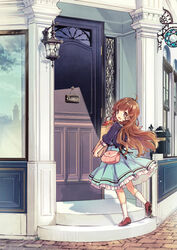  :d ahoge bag blue_skirt brown_eyes brown_hair cover cover_page day door female frilled_skirt frills grocery_bag highres holding housekihaki_no_onnanoko kei_(k_tmr) long_hair looking_at_viewer looking_back novel_cover official_art open_mouth outdoors pleated_skirt purple_shirt red_footwear reflection shirt shoes shopping_bag shoulder_bag sign skirt smile socks standing standing_on_one_leg white_legwear window 