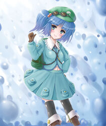  backpack bad_id bad_pixiv_id bag black_thighhighs blue_eyes blue_hair blush female gloves goggles hat kawashiro_nitori key mizuki_miyu navel pocket skirt solo thighhighs touhou two_side_up 