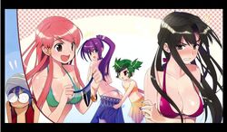  1boy 4girls bikini black_hair blue_hair blue_sarong breasts brown_eyes cleavage green_eyes green_hair hattori_yamame kage_kara_mamoru! kagemori_mamoru konnyaku_yuuna kumogakure_hotaru large_breasts long_hair madara_sai mapputatsu_tsubaki medium_breasts multiple_girls non-web_source official_art ponytail purple_hair red_hair sarong swimsuit thong_bikini 