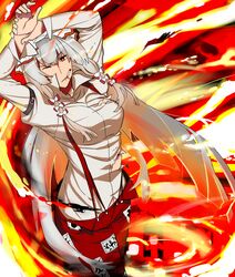  arms_up bad_id bad_pixiv_id cigarette female fire fujiwara_no_mokou highres one_eye_closed solo tadataka torn_clothes touhou 