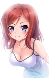  bad_id bad_pixiv_id blush breasts camisole cleavage closed_mouth collarbone female large_breasts leaning_forward long_hair looking_at_viewer love_live! love_live!_school_idol_project nishikino_maki noshimasa photoshop_(medium) purple_eyes red_hair simple_background smile solo swept_bangs upper_body white_background 